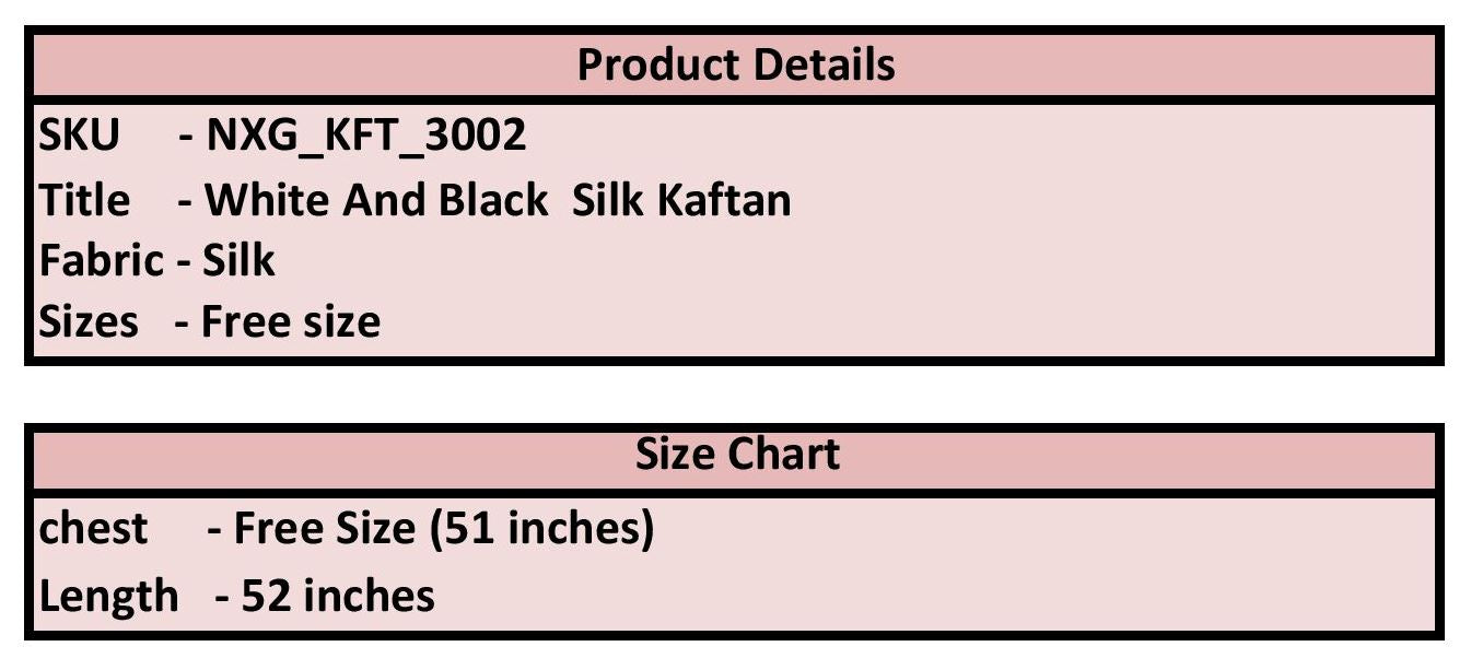 Product details and size chart for a white and black silk kaftan on a pink background