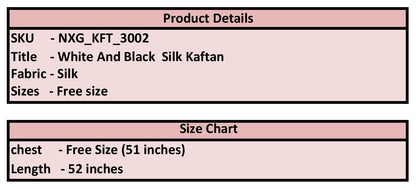 Product details and size chart for a white and black silk kaftan on a pink background