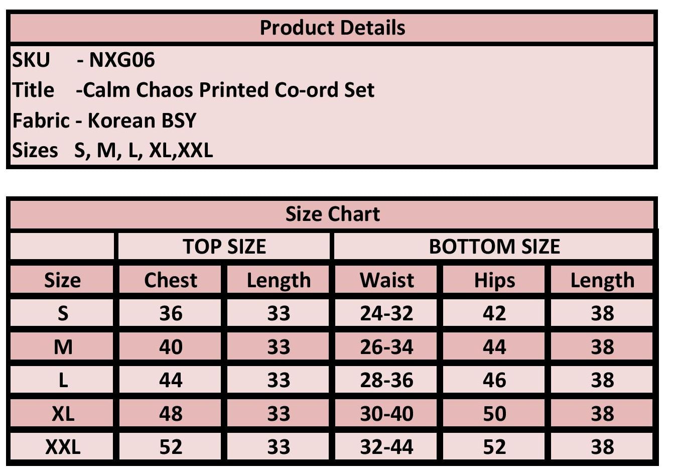 "PoshBella Calm Chaos Printed Co-ord Set NXG06 size chart with Korean BSY fabric details and measurements for top and bottom in sizes S to XXL."