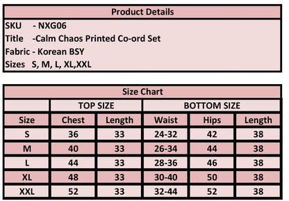 "PoshBella Calm Chaos Printed Co-ord Set NXG06 size chart with Korean BSY fabric details and measurements for top and bottom in sizes S to XXL."