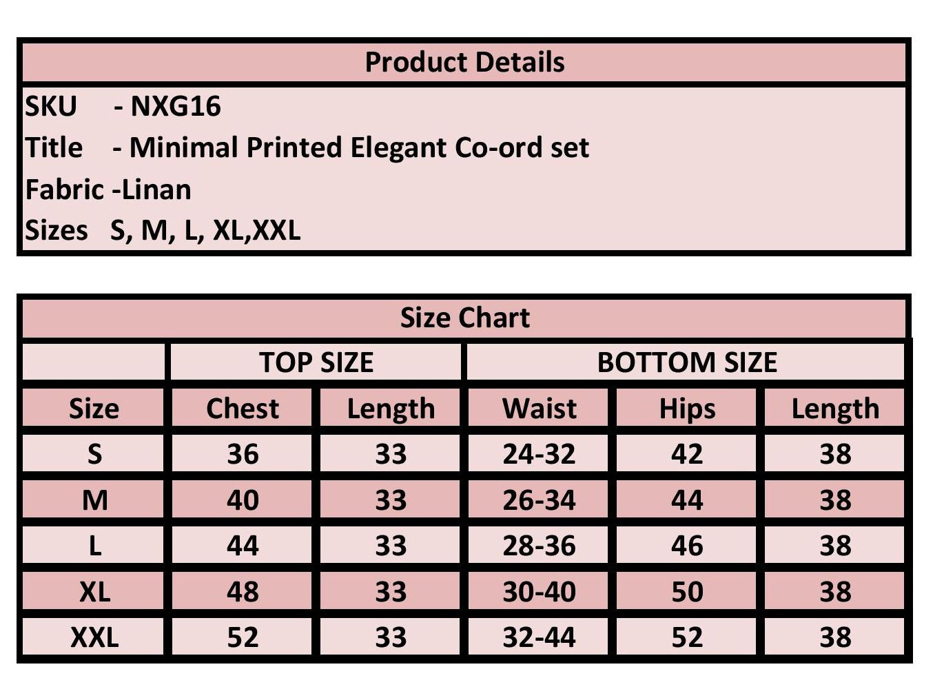 Product details and size chart for a minimal printed elegant co-ord set with linen fabric.