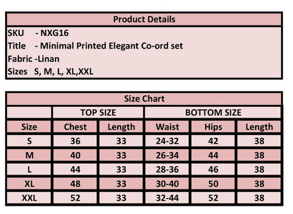 Product details and size chart for a minimal printed elegant co-ord set with linen fabric.