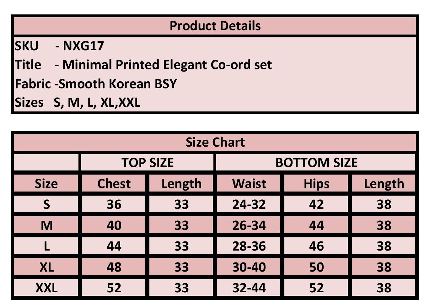 Product details and size chart for a minimal printed elegant co-ord set on a pink background.