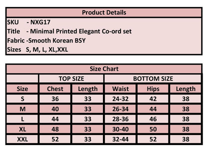 Product details and size chart for a minimal printed elegant co-ord set on a pink background.