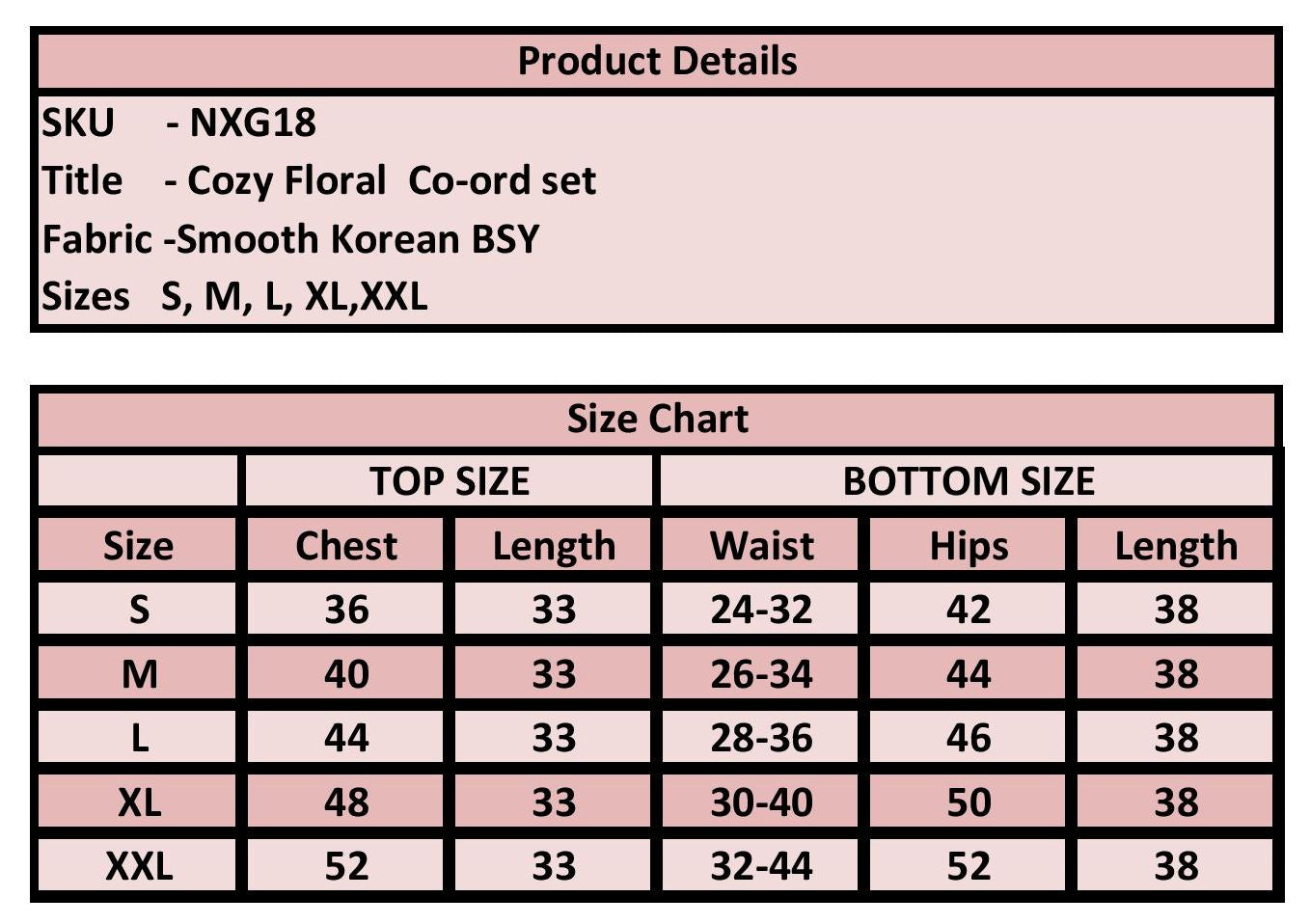 Product details and size chart for Cozy Floral Co-ord set on a pink background