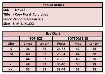 Product details and size chart for Cozy Floral Co-ord set on a pink background