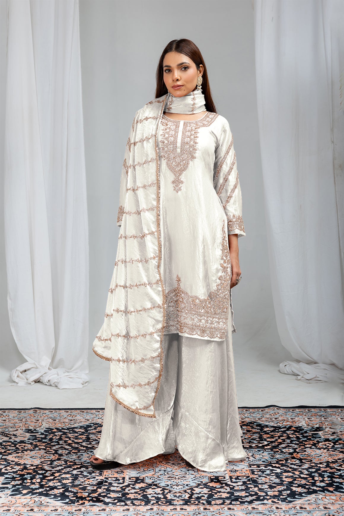 white kurta set, white kurta palazzo set, white palazzo set for women, white ethnic wear for women, white festive wear, white embroidered kurta set, white silk kurta set, white party wear kurta set, white wedding wear outfit, white Indian outfit for women, festive kurta set for women, Diwali kurta set, Karwa Chauth outfit for women, Karwa Chauth kurta set, Navratri outfit for women, Navratri festive wear, wedding guest outfit for women, wedding wear kurta set, new bride wedding gift, wedding gift for wife, 