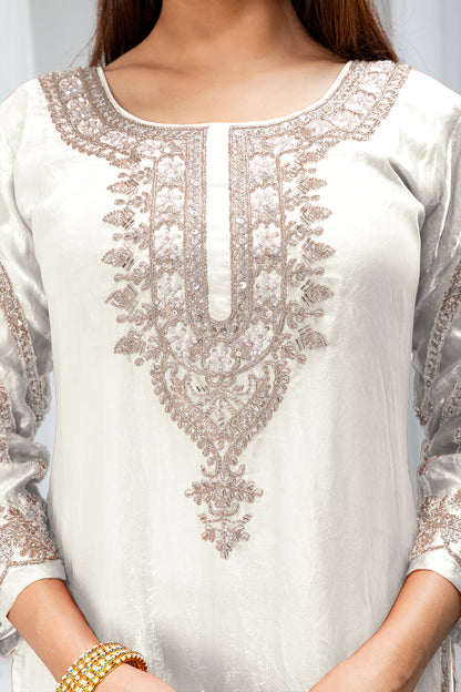 white kurta set, white kurta palazzo set, white palazzo set for women, white ethnic wear for women, white festive wear, white embroidered kurta set, white silk kurta set, white party wear kurta set, white wedding wear outfit, white Indian outfit for women, festive kurta set for women, Diwali kurta set, Karwa Chauth outfit for women, Karwa Chauth kurta set, Navratri outfit for women, Navratri festive wear, wedding guest outfit for women, wedding wear kurta set, new bride wedding gift, wedding gift for wife, 