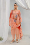 peach kurta set, embroidered kurta set, organza kurta set, festive wear for women, Karwa Chauth outfit, Navratri outfit, Diwali kurta set, wedding guest outfit, new bride gift, ethnic wear for women, kurta set with dupatta, festive kurta set.
