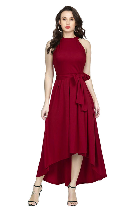 Maroon halter neck high-low party dress for women