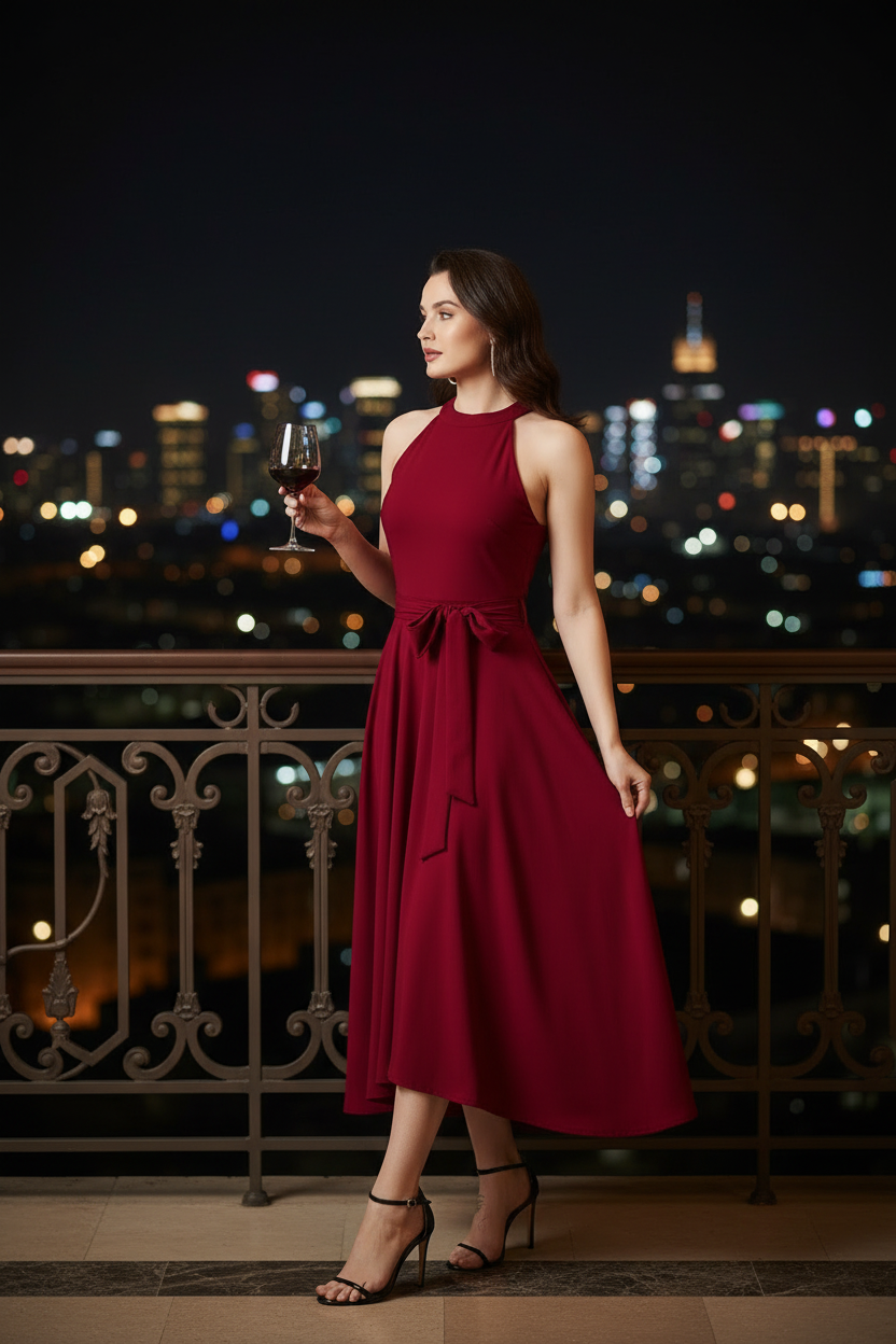 Woman in a red dress holding a glass of wine on a balcony with a cityscape at night celebrating Valentine Day.