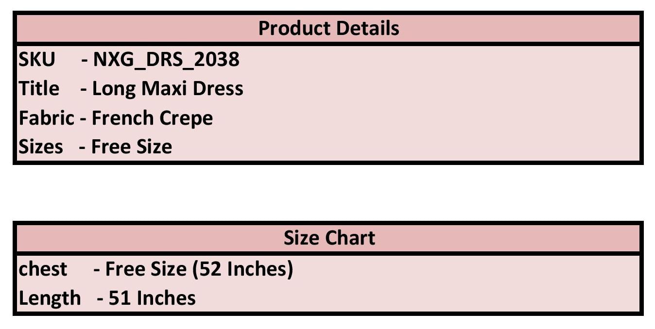 Product details and size chart for a long maxi dress with fabric type and sizes listed.