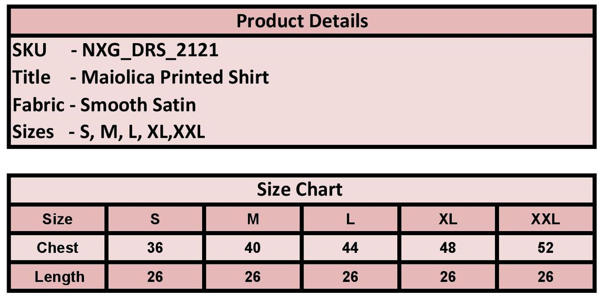 A product details and size chart table for a Maiolica printed shirt in smooth satin fabric, showing sizes S through XXL with chest and length measurements.