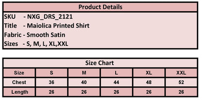 A product details and size chart table for a Maiolica printed shirt in smooth satin fabric, showing sizes S through XXL with chest and length measurements.