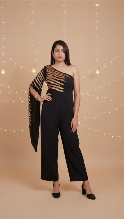 Elegant one-shoulder sequin jumpsuit for women – perfect for cocktail nights and festive events, diwali dress, festival dress.