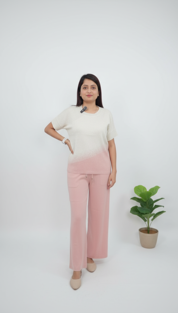 Front view of blush ombre knit co-ord set for women – ivory and pink stylish loungewear by PoshBella