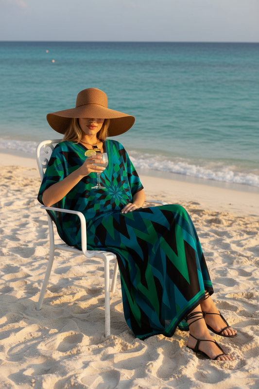 "Green and blue geometric print kaftan dress for women with V-neckline and flowy silhouette"