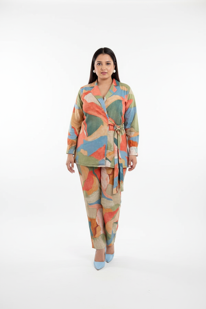 Woman wearing a colorful patterned outfit on a white background