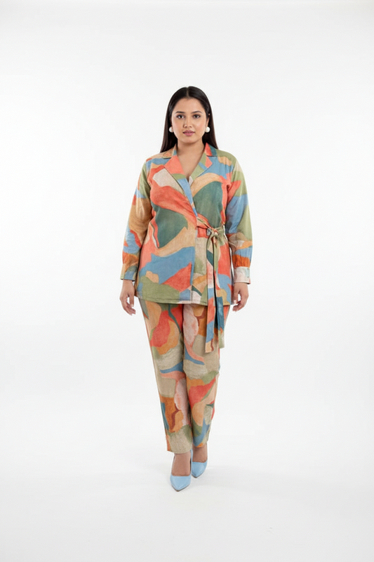 Woman wearing a colorful patterned outfit on a white background