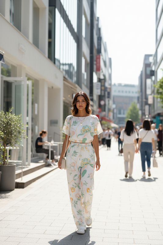 Woman in a floral outfit walking on a city street.