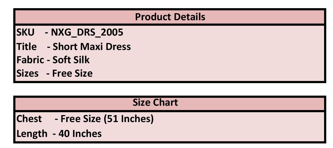 Product details of a short maxi dress including SKU, title, fabric, sizes, chest measurement, and length on a pink background.