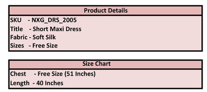 Product details of a short maxi dress including SKU, title, fabric, sizes, chest measurement, and length on a pink background.