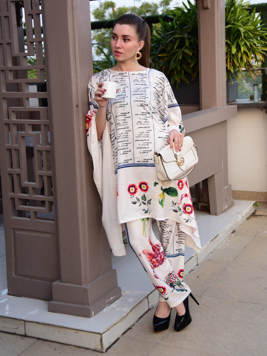 "Woman wearing a floral and script print cotton co-ord set – stylish and elegant outfit for women by PoshBella, perfect for casual and festive wear."