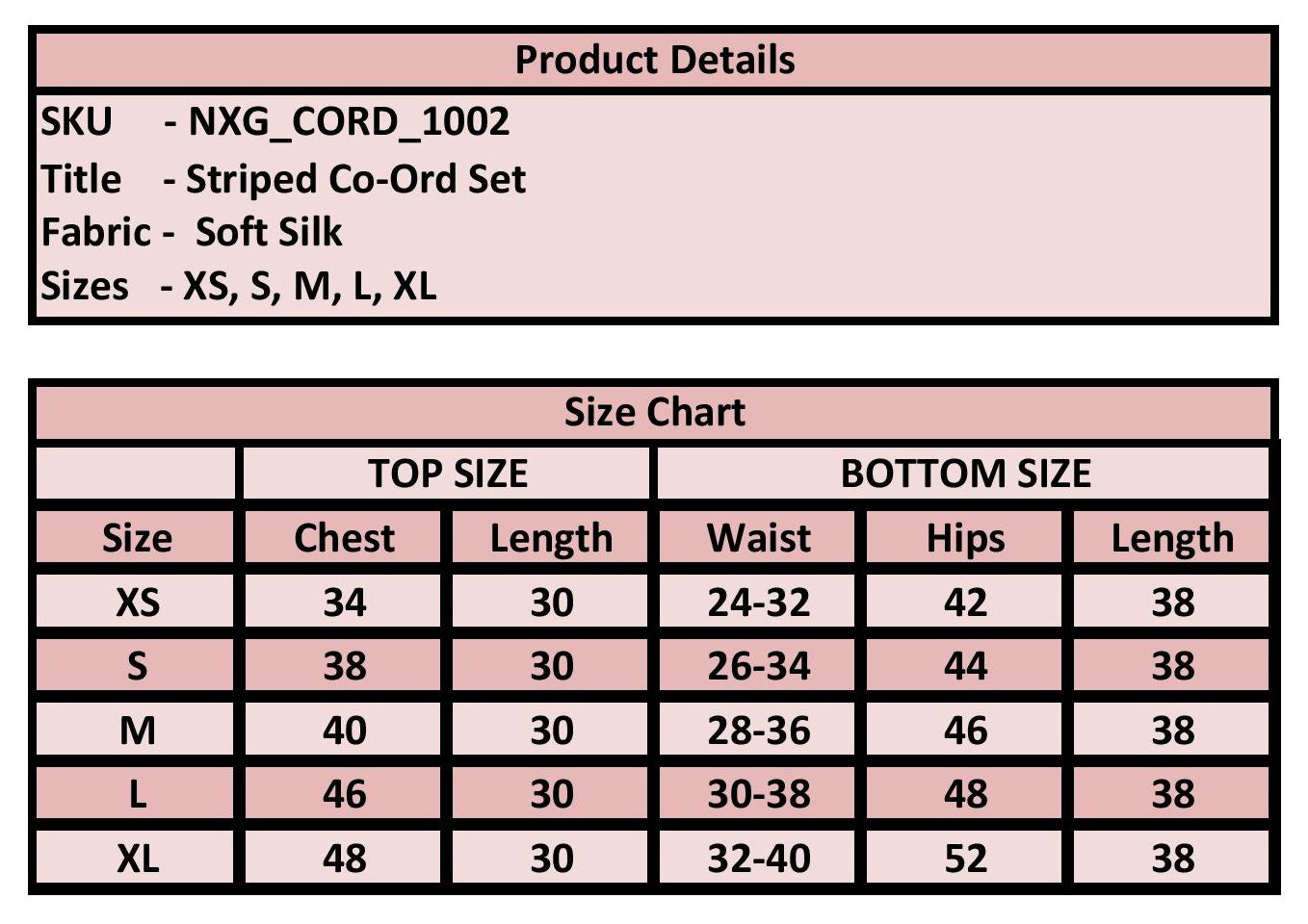 Product details and size chart for a striped co-ord set with fabric soft silk, stylish and versatile co-ord set for women.