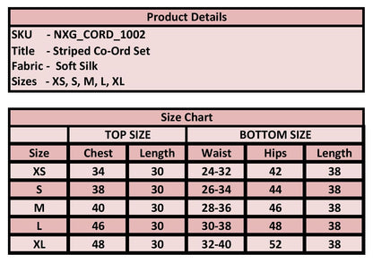Product details and size chart for a striped co-ord set with fabric soft silk, stylish and versatile co-ord set for women.