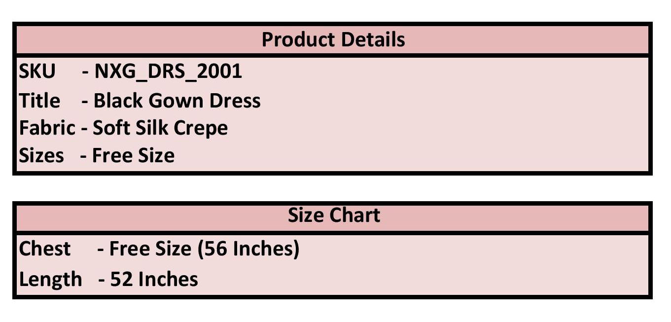 Product details of a black gown dress with fabric description, sizes, and measurements.