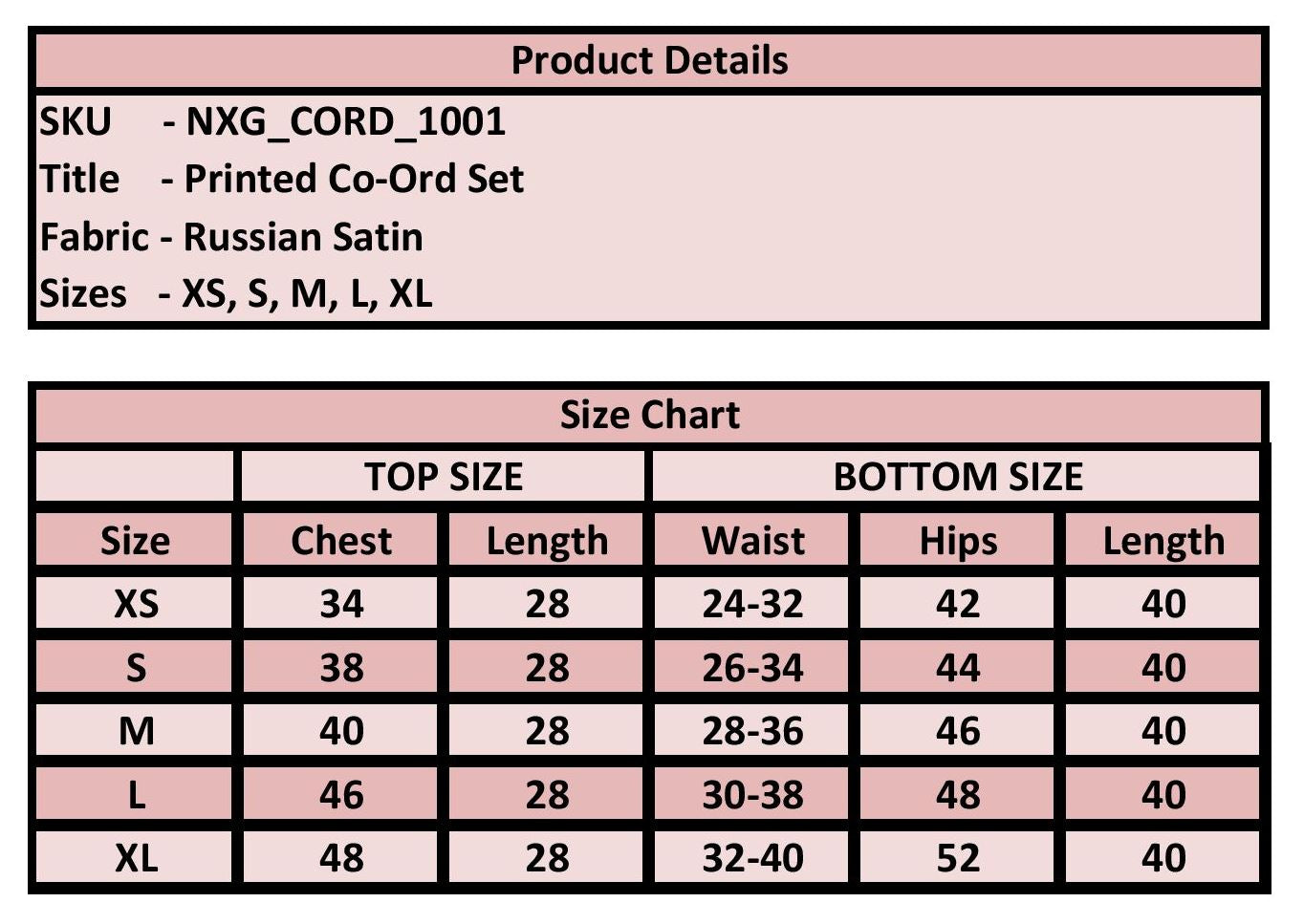 Product details and size chart for a printed co-ord set with fabric type and size options, stylish women’s co-ord.