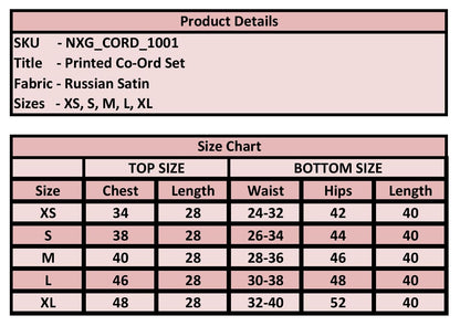 Product details and size chart for a printed co-ord set with fabric type and size options, stylish women’s co-ord.