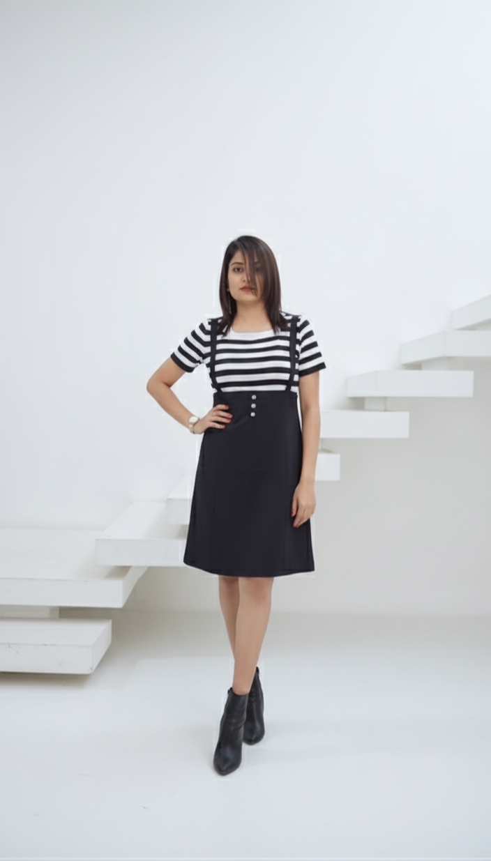 "Model wearing black suspender skirt with striped t-shirt co-ord set, styled with ankle boots – front view."