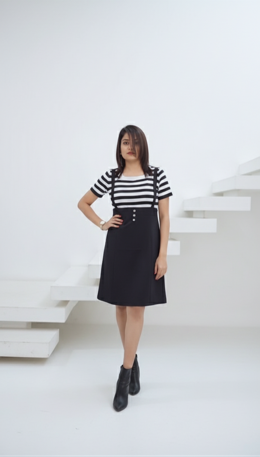 "Model wearing black suspender skirt with striped t-shirt co-ord set, styled with ankle boots – front view."