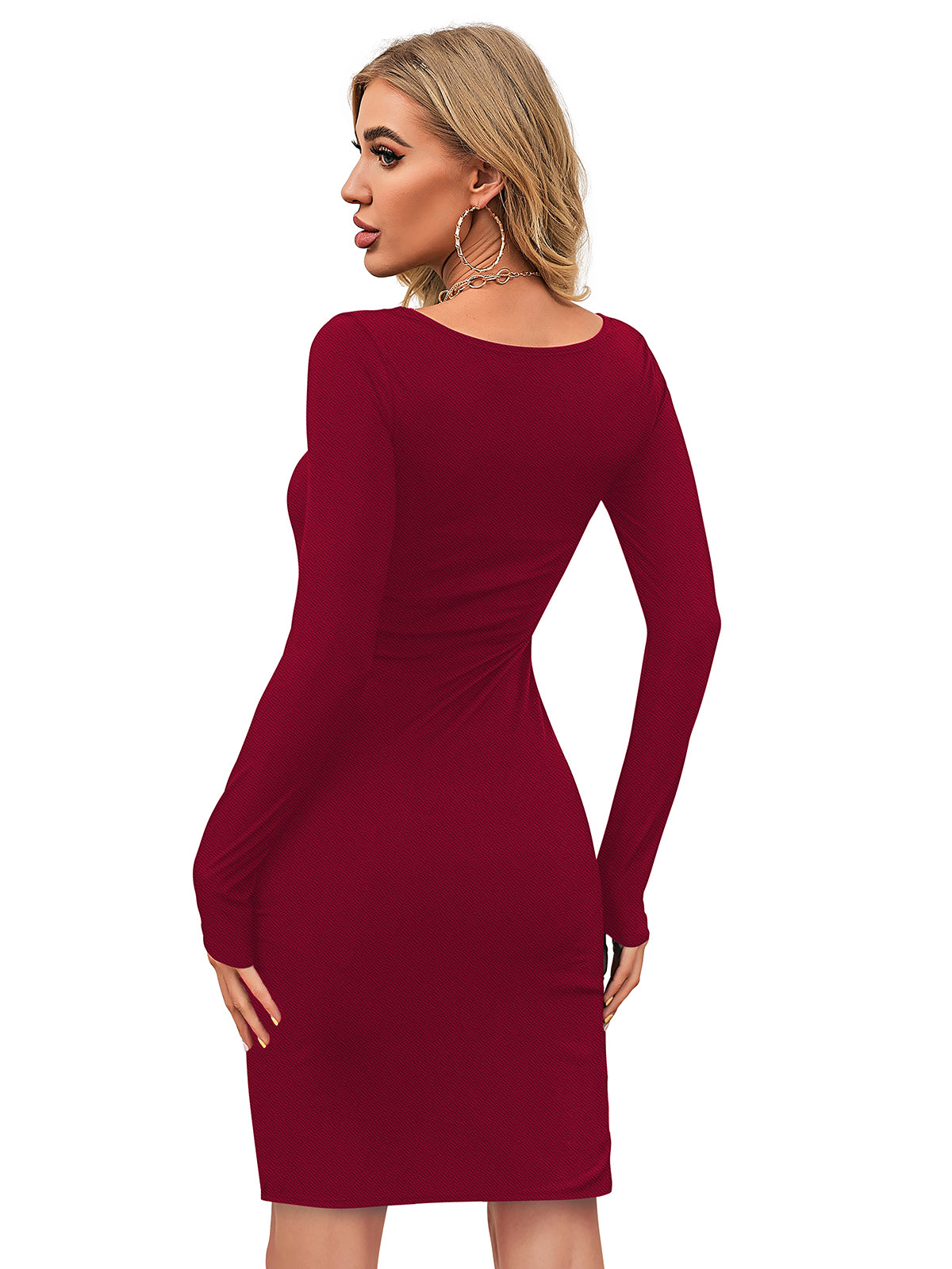 Elegant maroon knee-length bodycon dress for women with full sleeves and body-hugging fit