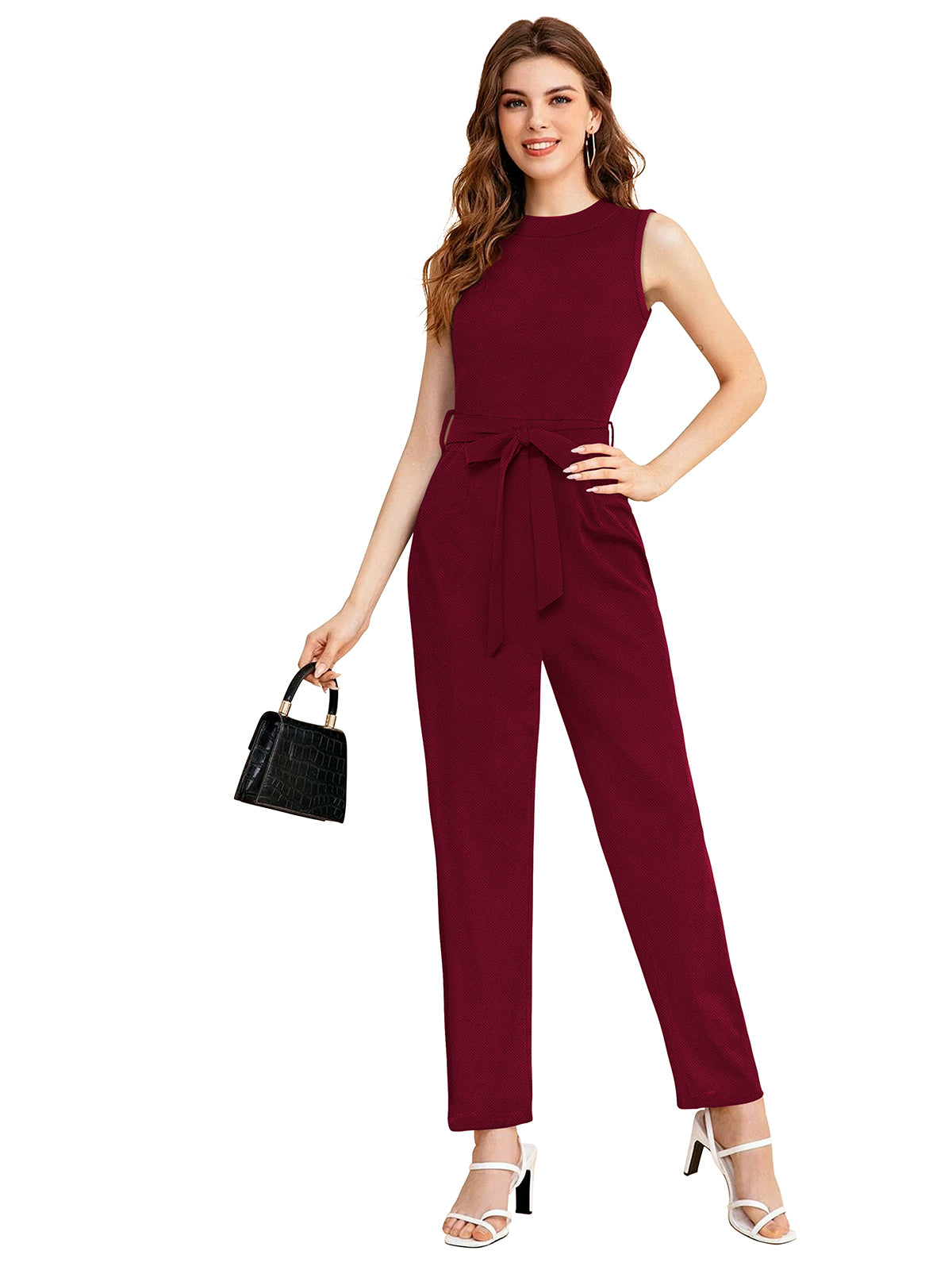 Maroon sleeveless jumpsuit for women with round neck and waist tie belt in stretchable knitted fabric, full-length party wear