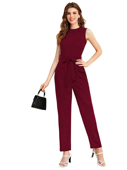 Maroon sleeveless jumpsuit for women with round neck and waist tie belt in stretchable knitted fabric, full-length party wear