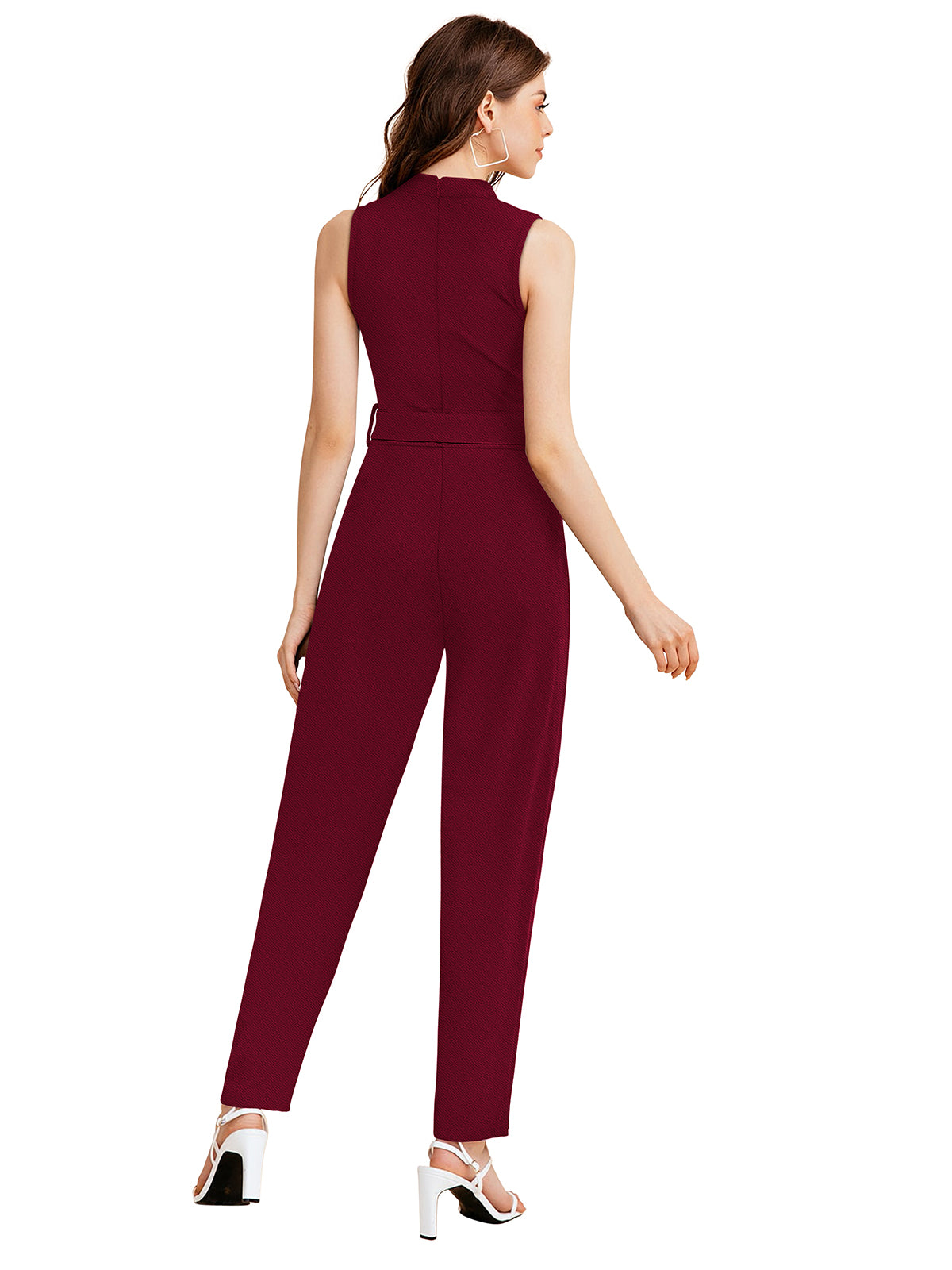 Back view of maroon sleeveless jumpsuit for women showing solid design and full-length flattering fit