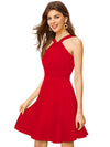 Side view of red fit and flare dress for women featuring halter neckline and flowy knee-length fit