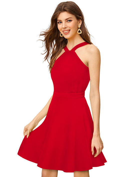 Side view of red fit and flare dress for women featuring halter neckline and flowy knee-length fit