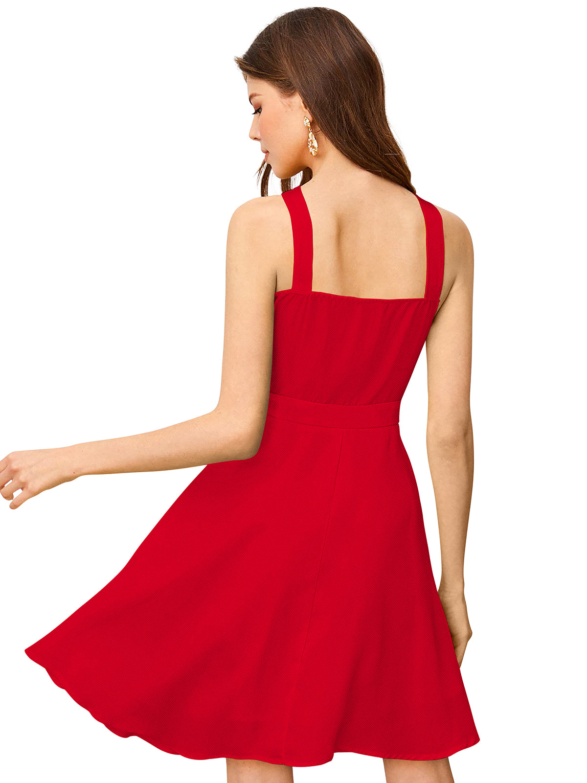 Back view of red halter neck sleeveless fit and flare dress showing solid design and flared hem