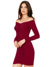 Side view of maroon full sleeve bodycon dress highlighting ruched detail and stretchable fabric