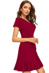 Stylish maroon knee-length bodycon dress with flared sleeves in stretchable knitted fabric