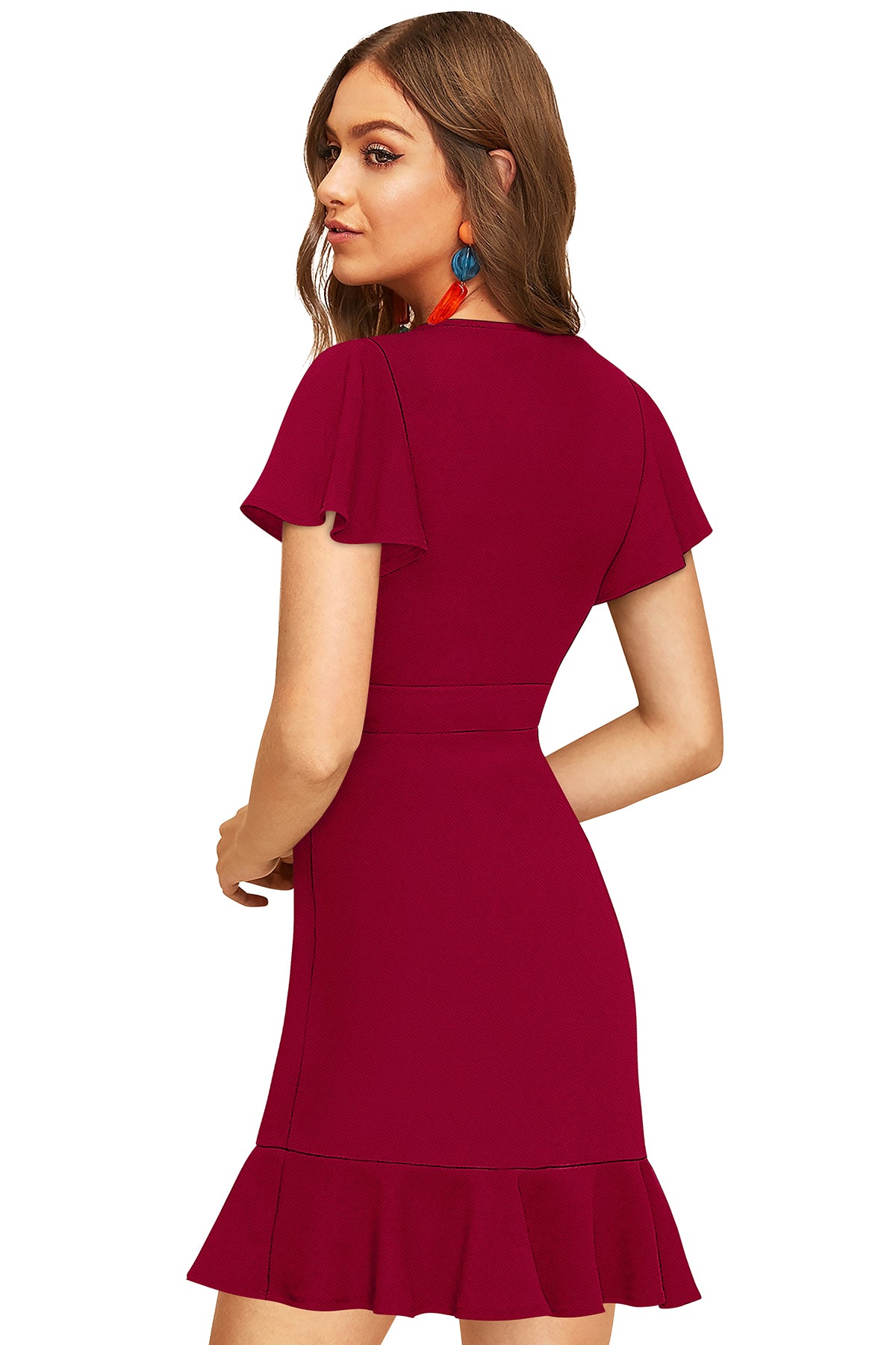 Back view of maroon bodycon dress for women showing fitted silhouette and solid design