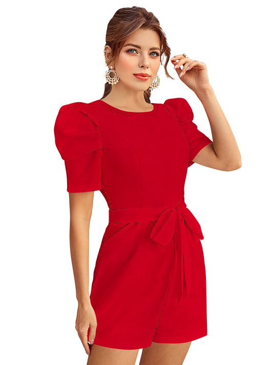 Stylish red knee-length short jumpsuit with 3/4 puff sleeves and round neck for women party wear