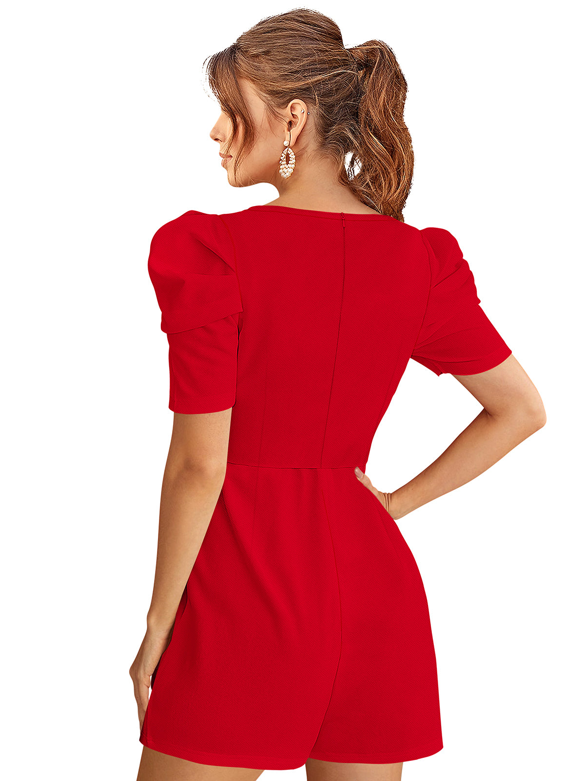 Back view of red women’s short jumpsuit with fitted silhouette and puff sleeves in stretchable fabric