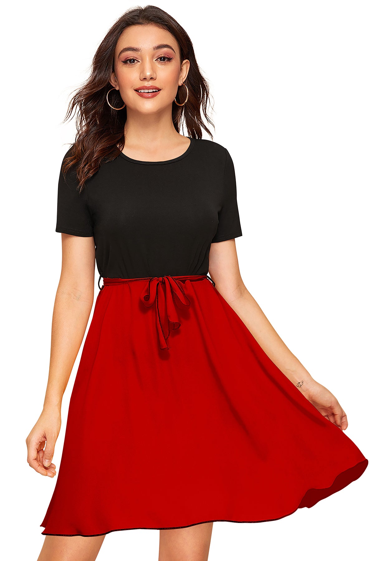Red fit and flare dress for women with round neck and cap sleeves, knee-length party wear dress in stretchable fabric