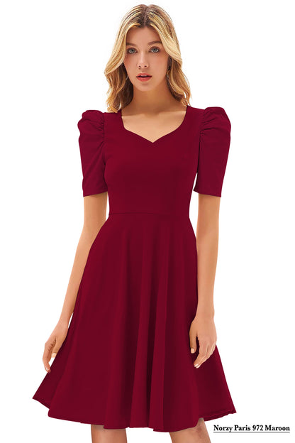 Maroon fit and flare knee length dress for women