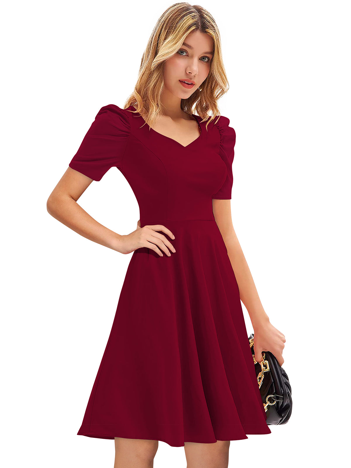 Women’s maroon puff sleeve fit and flare dress