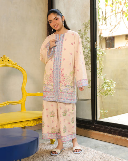 “Side/back view of blush floral printed kurta and pants – women’s co-ord set”
